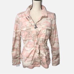 Gap Pink Camo Utility Jackets Size Small Beige Tie Waist Stretch Cotton